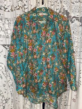 NATURAL LIFE Teal Floral Button-Up Blouse with Pink & Yellow Accents